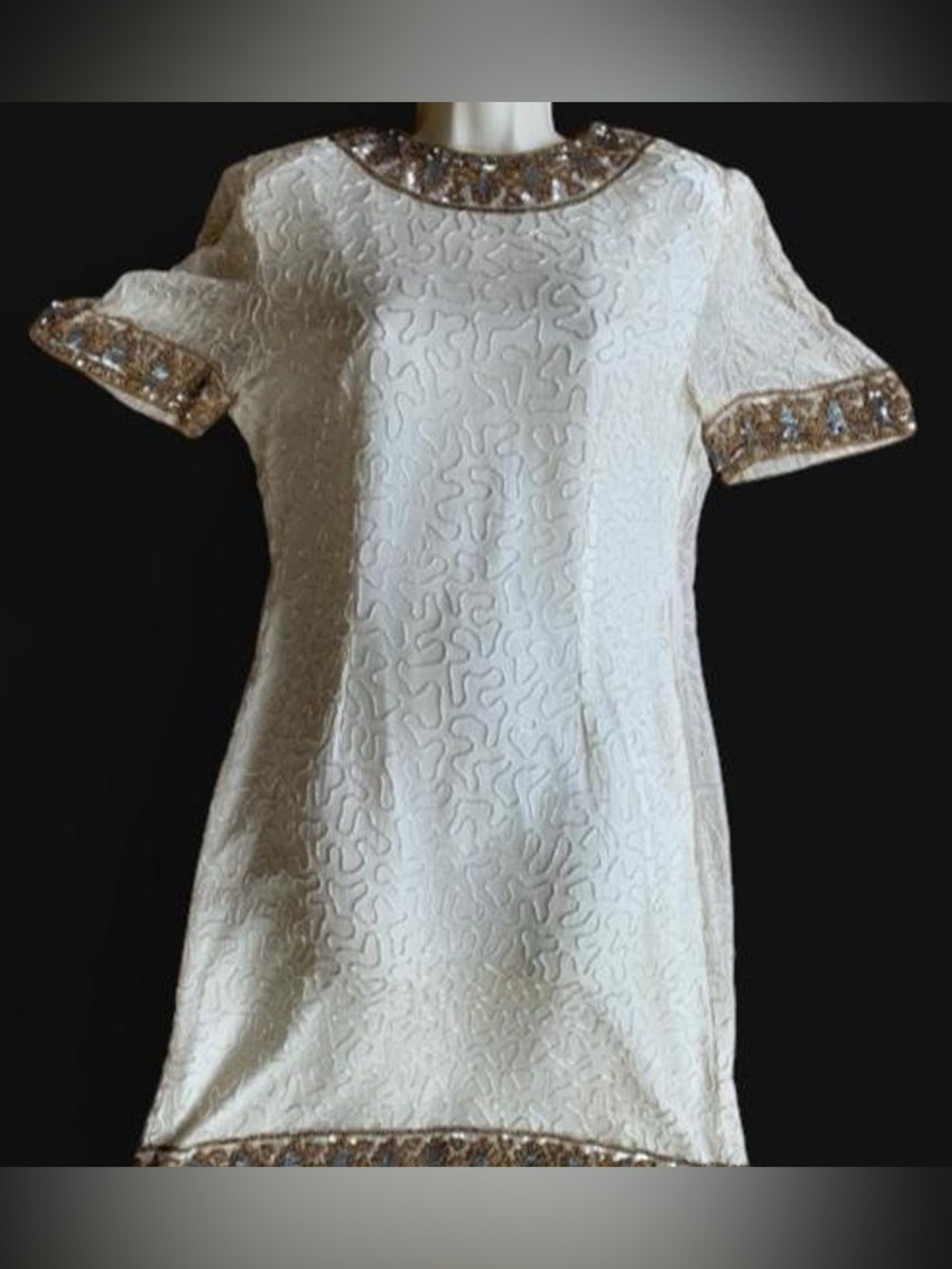Laurence Kazar NY vintage beaded silk Ivory Mini Dress Gold silver Trim